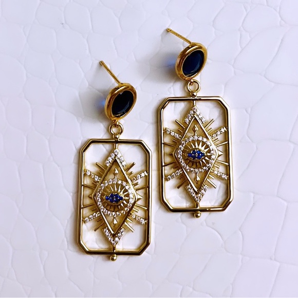 Abigail Creations Gold Plated CZ Rectangle Evil Eye 🧿 Drop Earrings - Picture 5 of 7